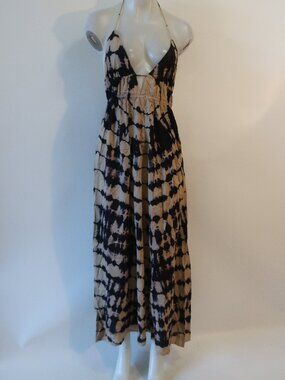 NWT Womens Tina Demel (Item- 120) Tan Black Tie Dye Halter Maxi Dress L